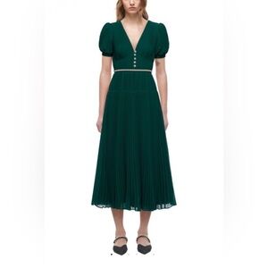 Self-Portrait Deep Green Chiffon Midi Dress | Sz US 10